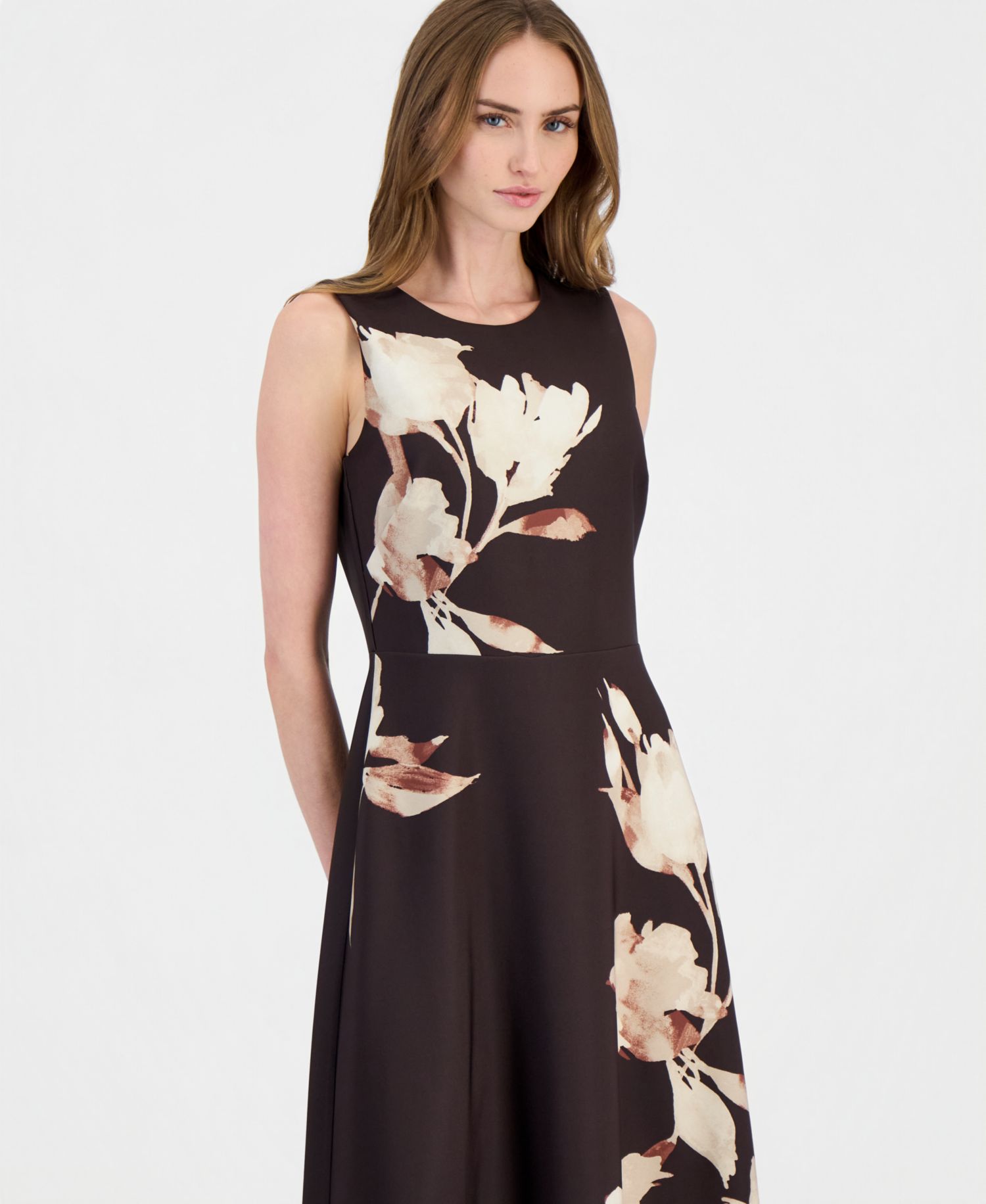 Women's A-Line Printed Scuba Floral Midi Dress