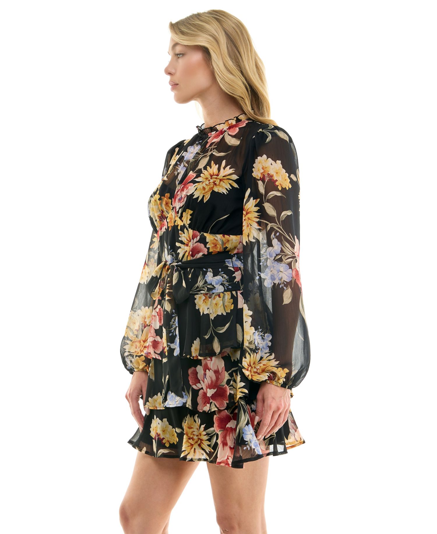 Juniors' Long-Sleeve Boat neck Tiered Skirt Dress