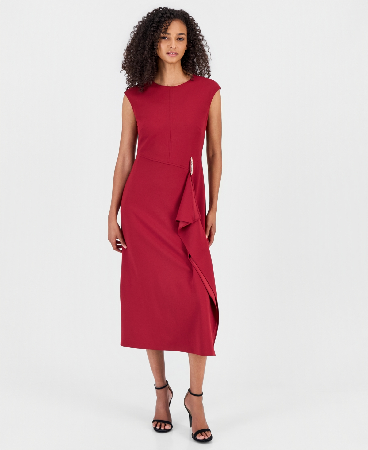 Anne Klein Women's Cocktail Fitted Cascade Ruffle Midi Dress