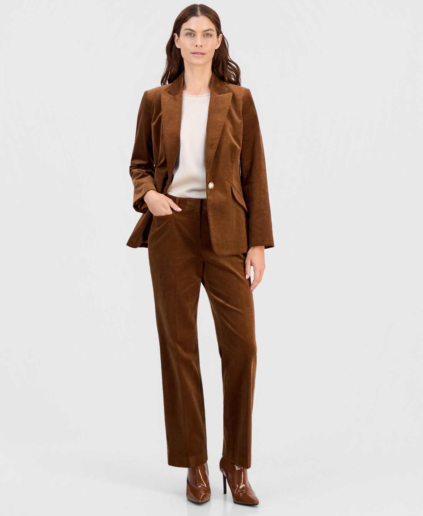 Женские комплекты Tahari ASL Single-Button Blazer & Corduroy Pants, цвет: Светло-коричневый — фото 1