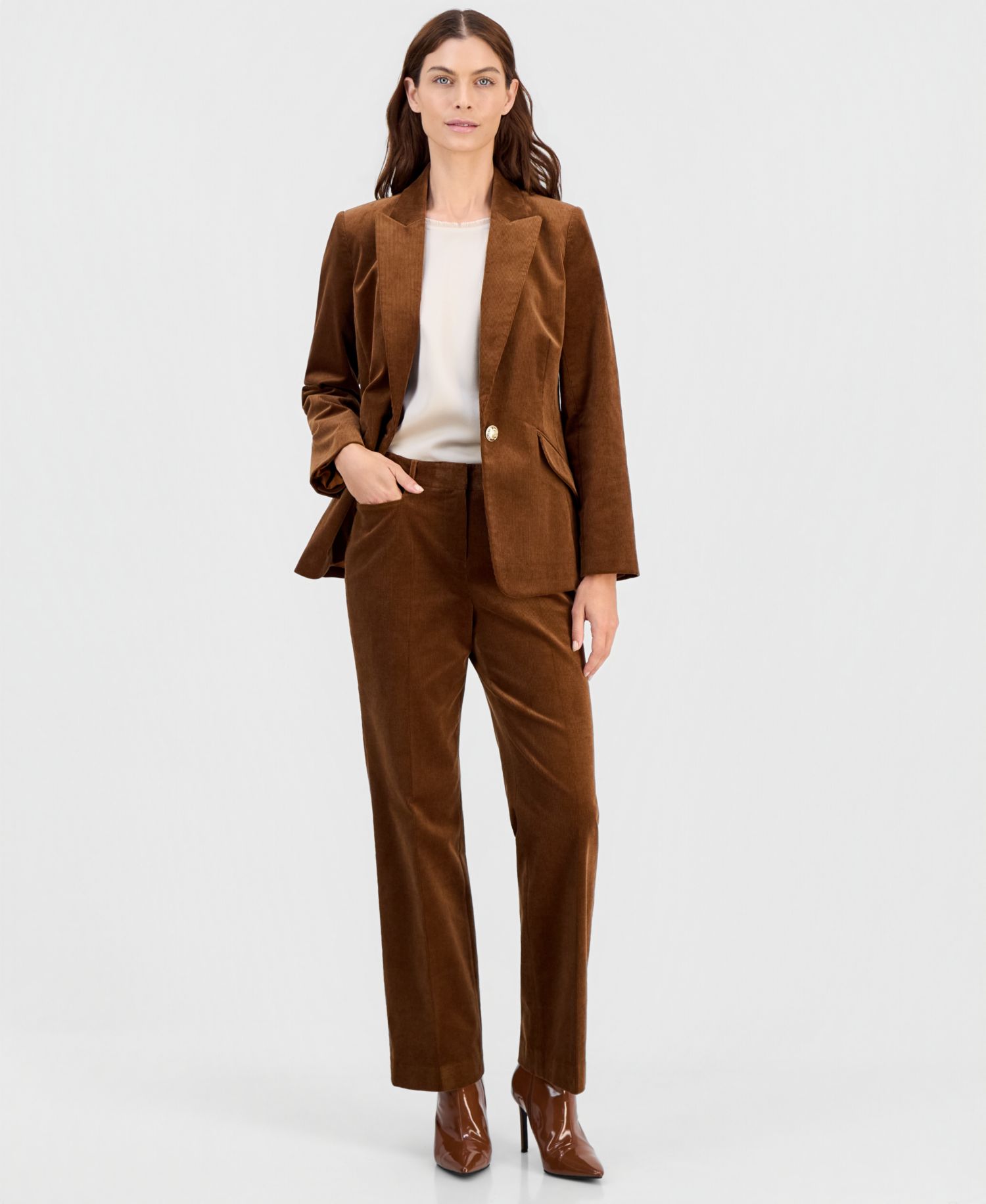 Single-Button Blazer & Corduroy Pants