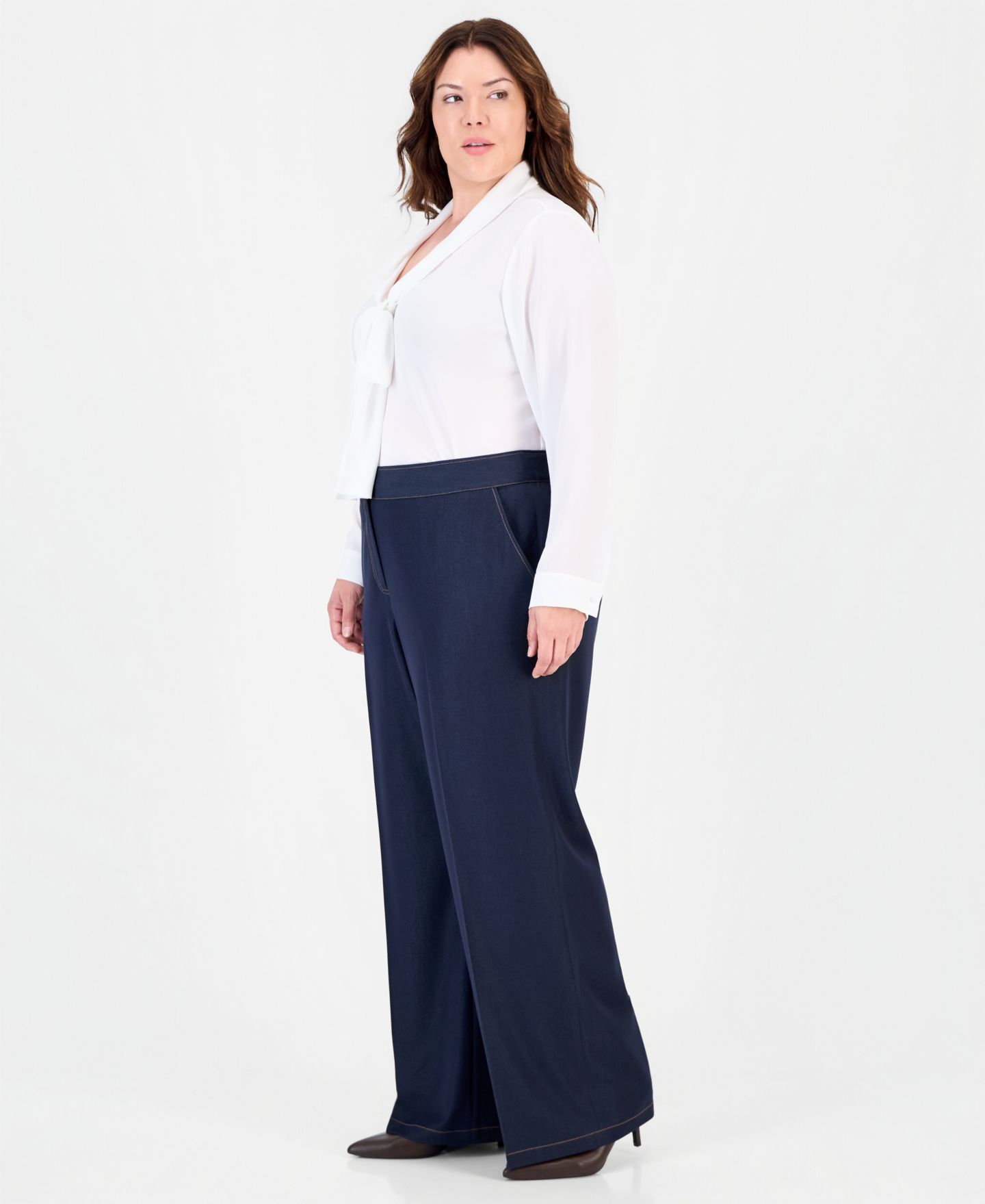 Женские брюки Tahari Plus Size Wide-Leg Mid-Rise, цвет: Тёмный джинсовый — фото 3