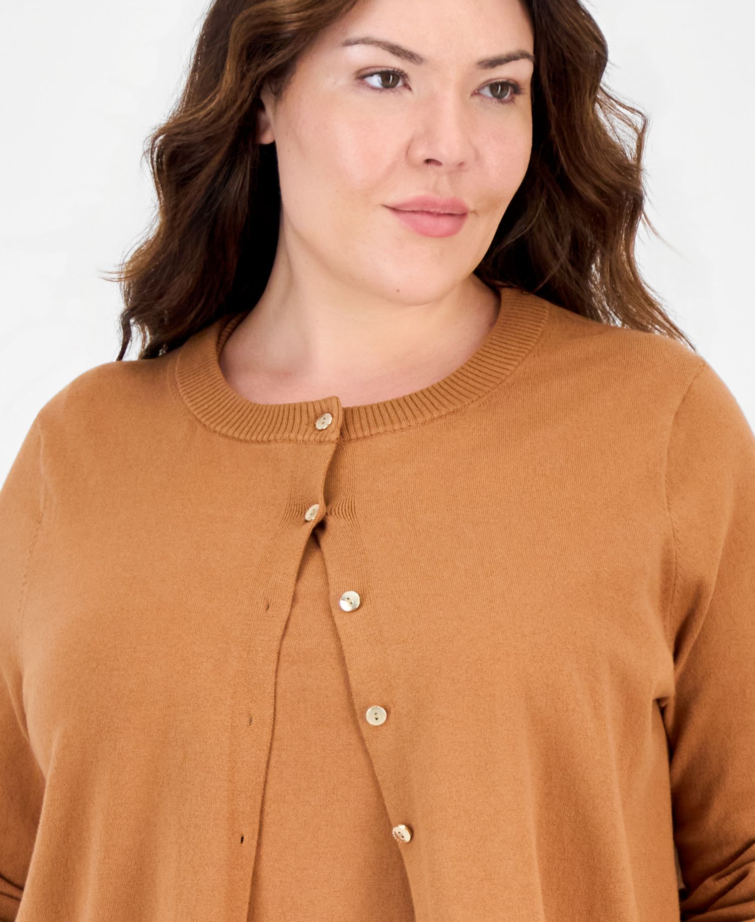 Plus Size Cotton-Blend Fitted Crew Neck Button-Front Cardigan