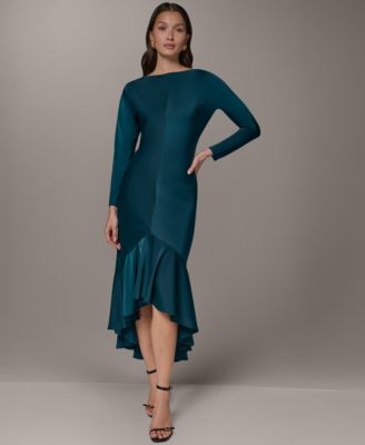 Women's Long-Sleeve Satin High-Low Flounce Hem Dress