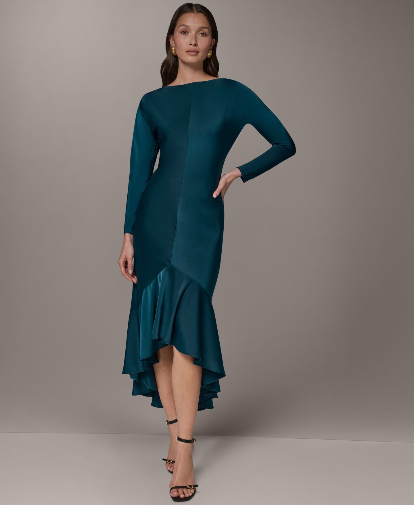 Женское платье Donna Karan New York Long-Sleeve Satin High-Low Flounce Hem, цвет: Hudson (Hudson) — фото 1