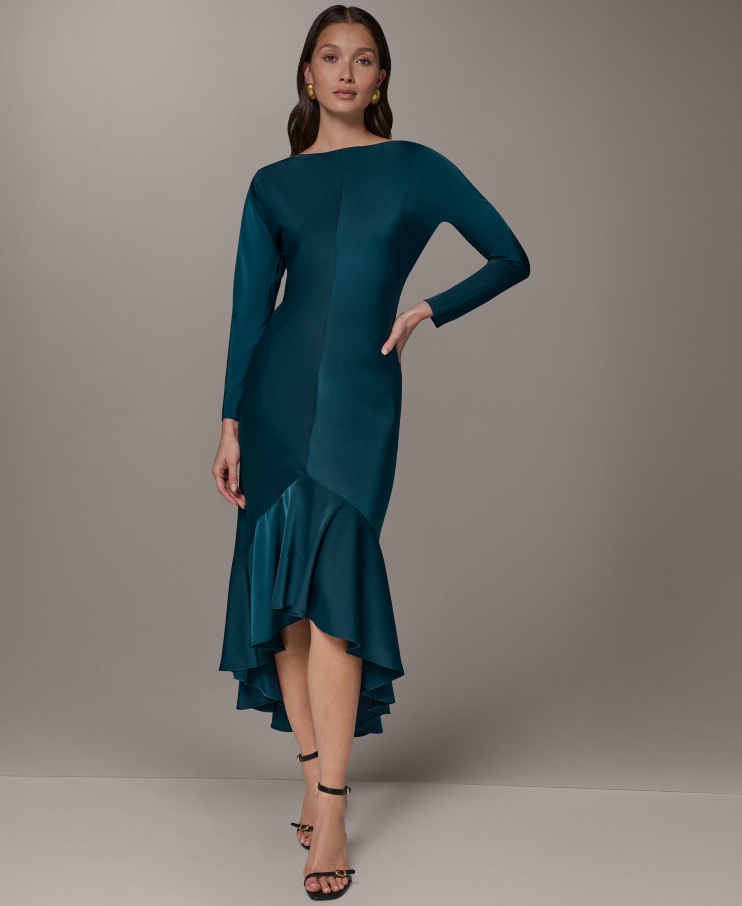 Women's Long-Sleeve Satin High-Low Flounce Hem Dress