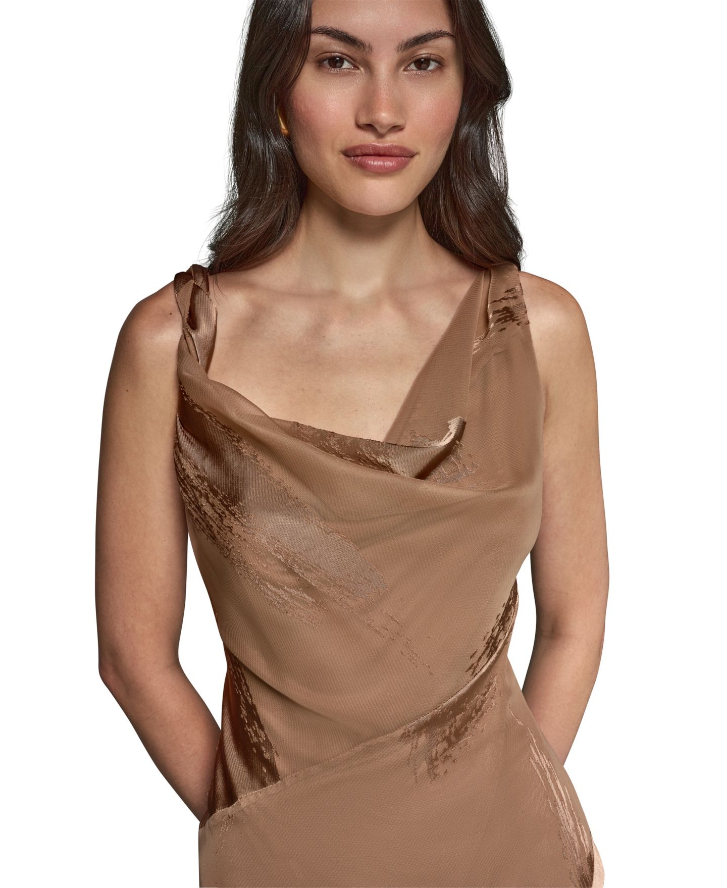 Женское платье Donna Karan New York Satin Burnout Asymmetrical Neck Midi, цвет: Верблюжий — фото 3