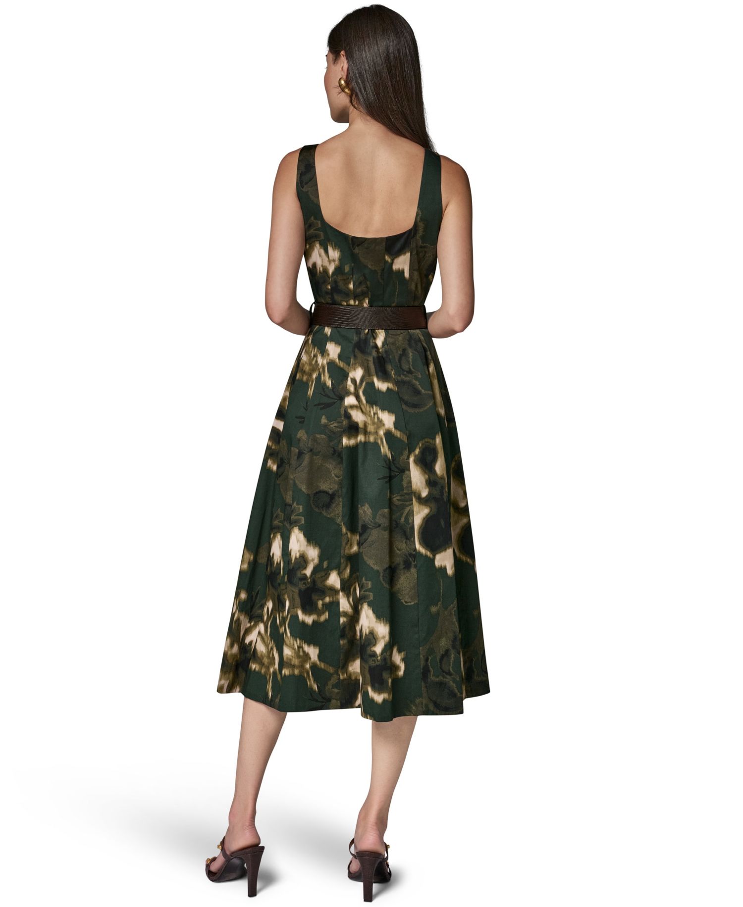 Women's Printed Square Neck Pleated Fit and Flare Dress with Belt
