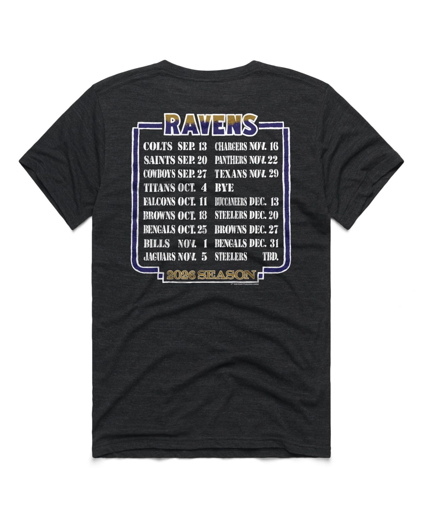 Men's and Women's Charcoal Baltimore Ravens 2026 NFL Schedule Queen Tri-Blend T-Shirt