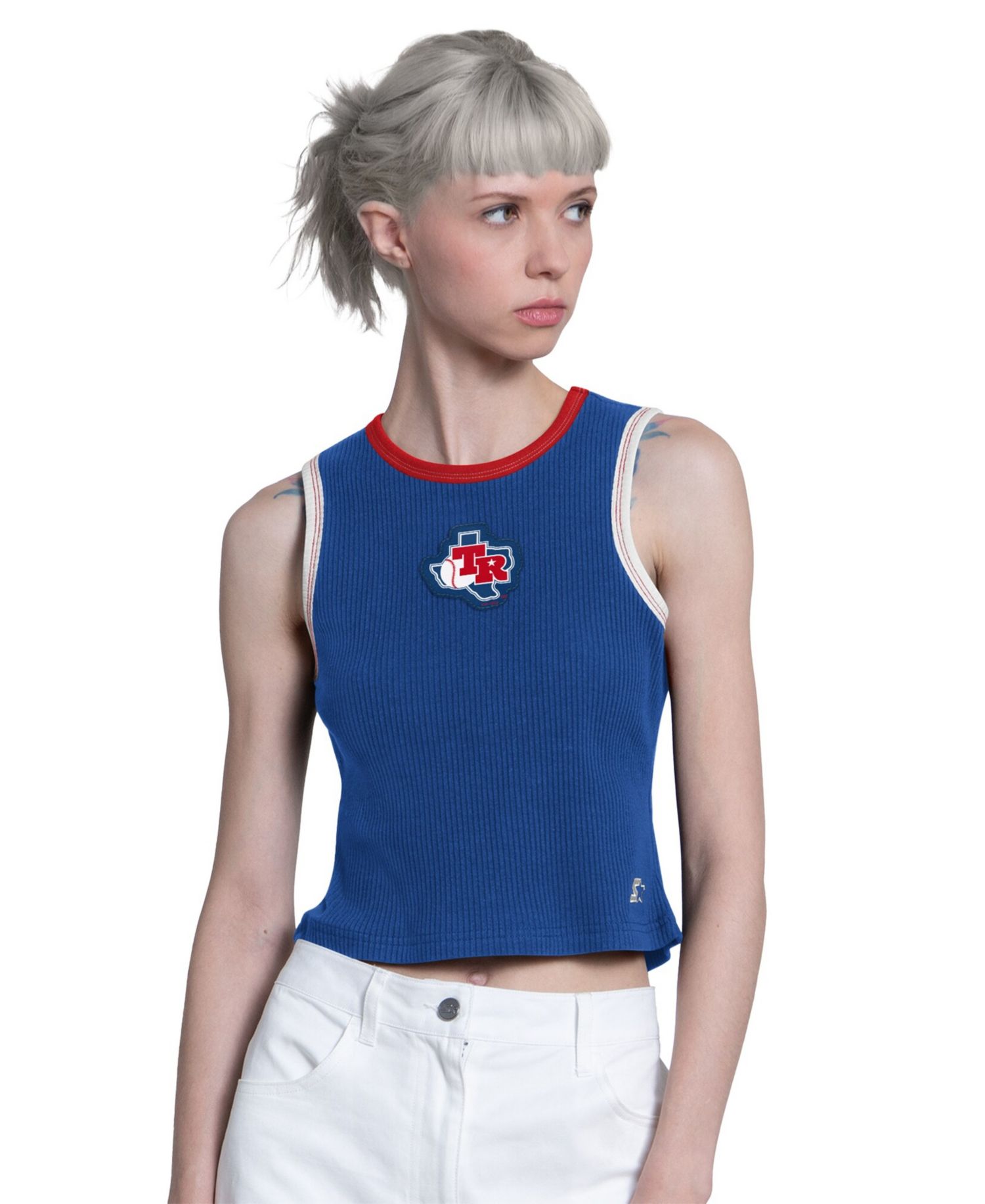 Women's Royal Texas Rangers Cooperstown Play the Ball Crop Tank Top