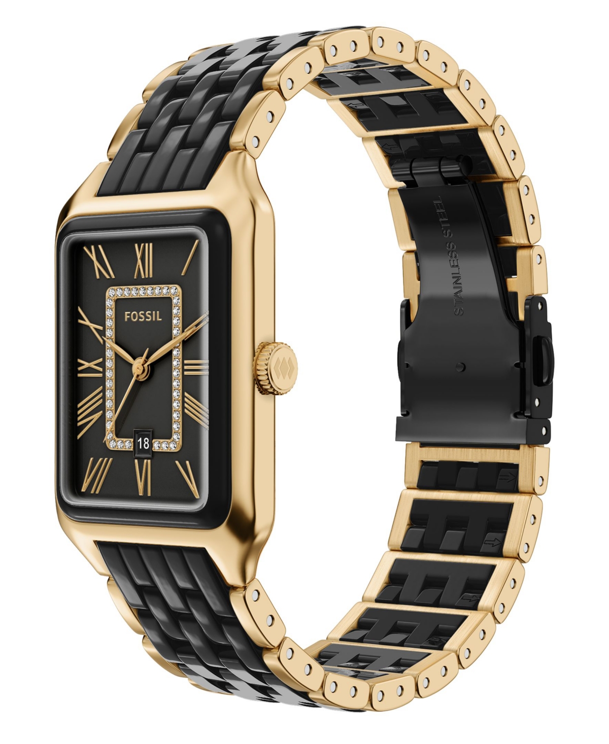 Fossil Women's Raquel Three-Hand Date Gold-Tone Stainless Steel and Black Ceramic Watch 26mm