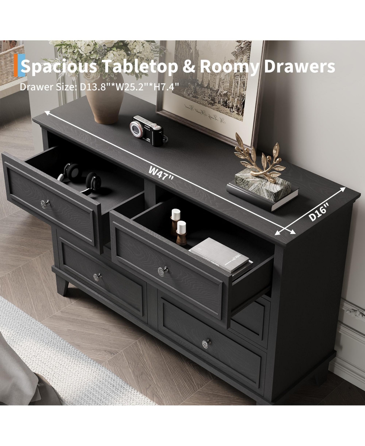 gaomon Contemporary 6-Drawer Wide Dresser, Modern Wooden Chest of Drawers with Metal Handles for Bedroom, Entryway Living Room
