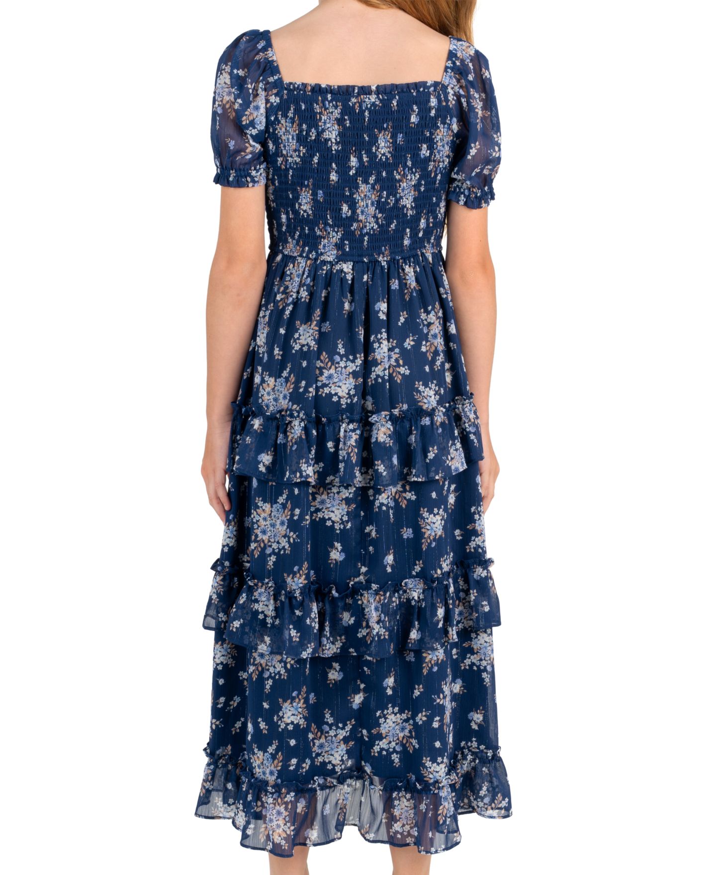 Платье Rare Editions Printed Lurex Chiffon Puff Sleeve Tiered Midi Dress для девочек, цвет: Тёмно-синий — фото 3