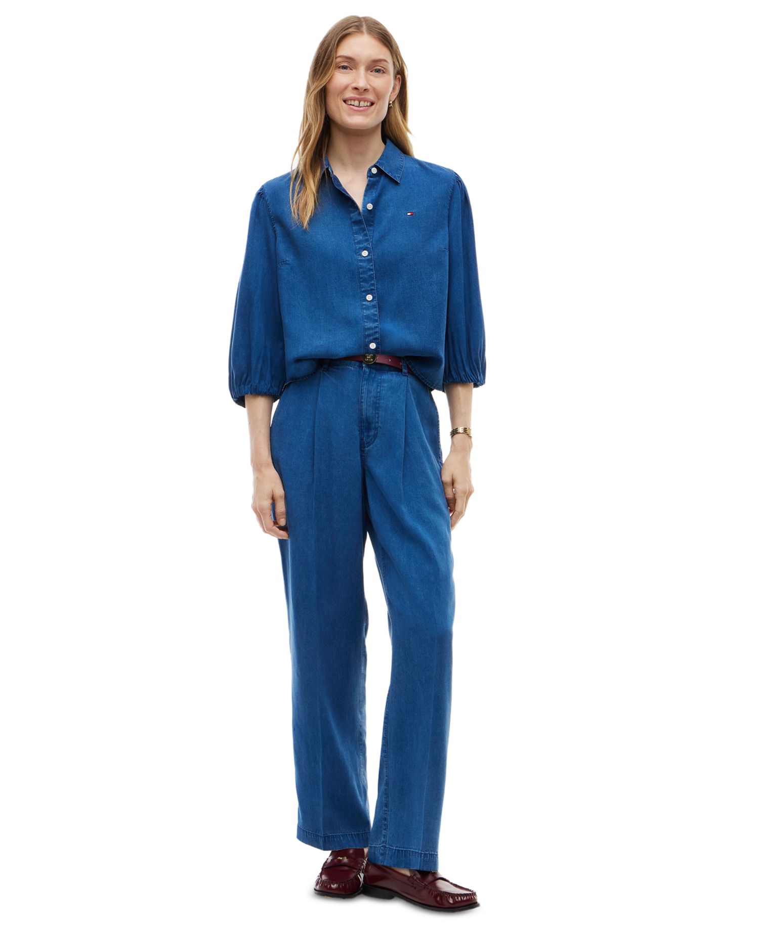 Women's Chambray Puff-Sleeve Button-Front Shirt