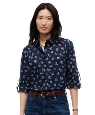 Women's Cropped Printed Roll-Tab Sleeve Shirt