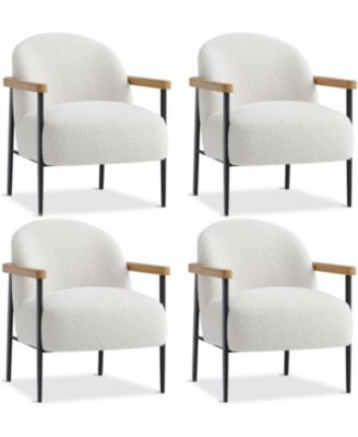 Modern Accent Chair Set of 4, Comfy Chair with Teddy Fabric, Wood Arms, Metal Frame and Adjustable Feet, Mid Century Modern Chair