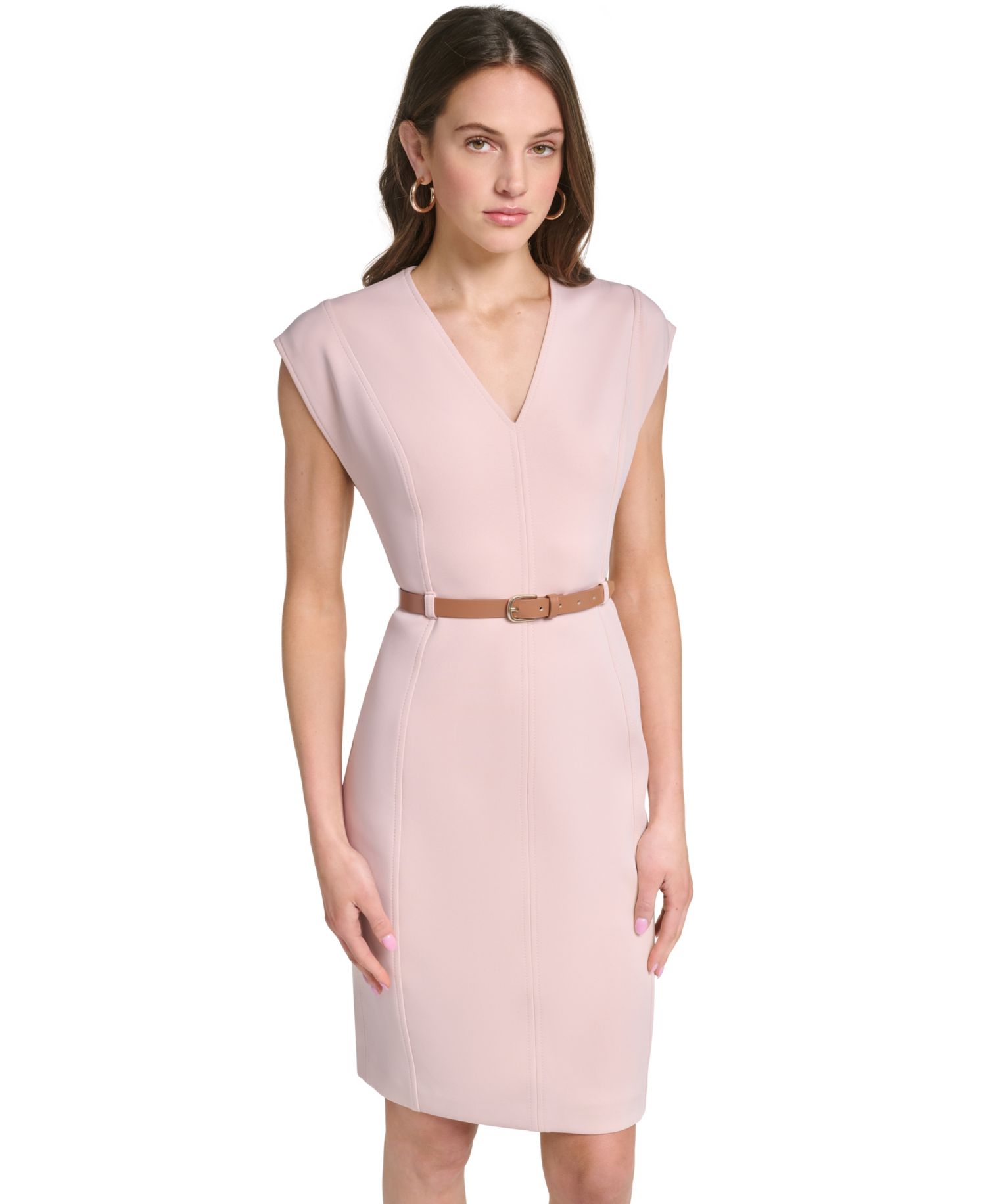 Women's Cap-Sleeve V-Neck Belted Sheath Dress