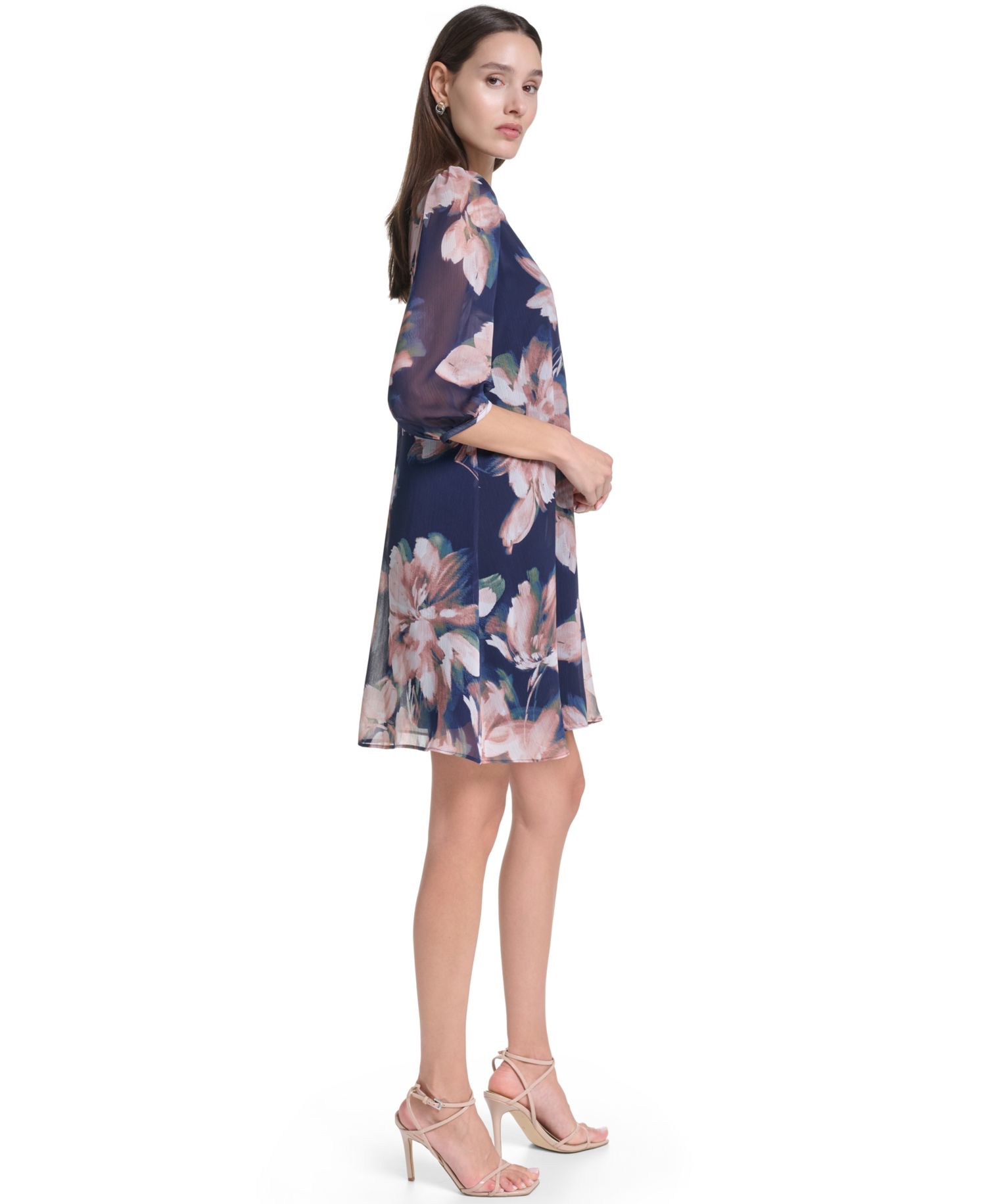 Women's 3/4-Sleeve Floral Chiffon Shift Dress