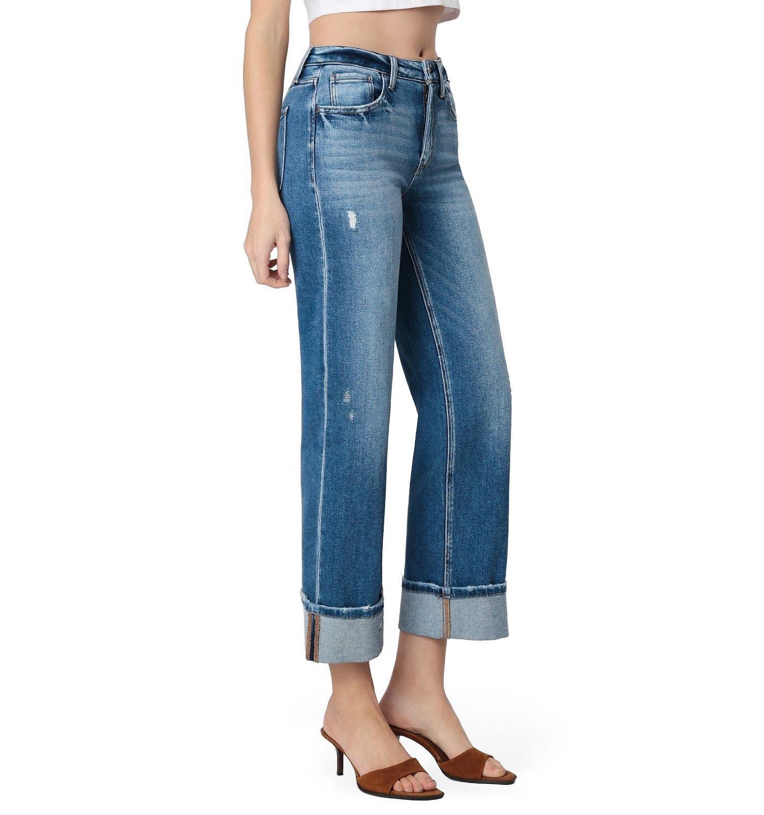 Women's High Rise Cuffed Slim Wide Leg Jeans