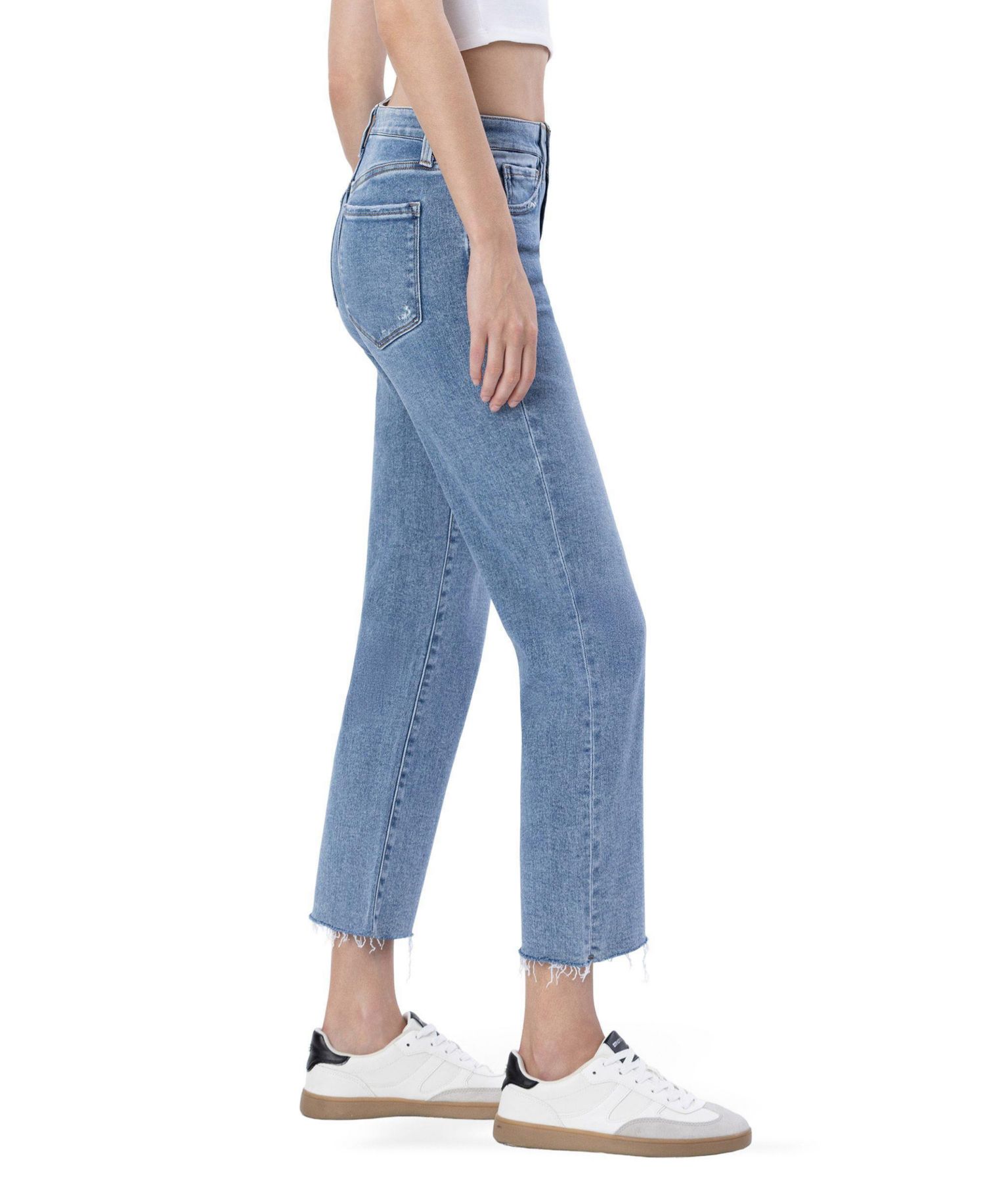 Women's Mid Rise Clean Cut Raw Hem Straight Jeans