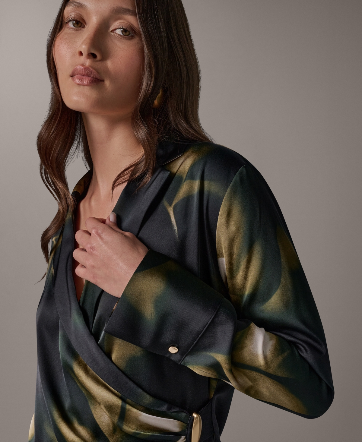 Donna Karan New York Women's Printed V-Neck Long-Sleeve Blouse