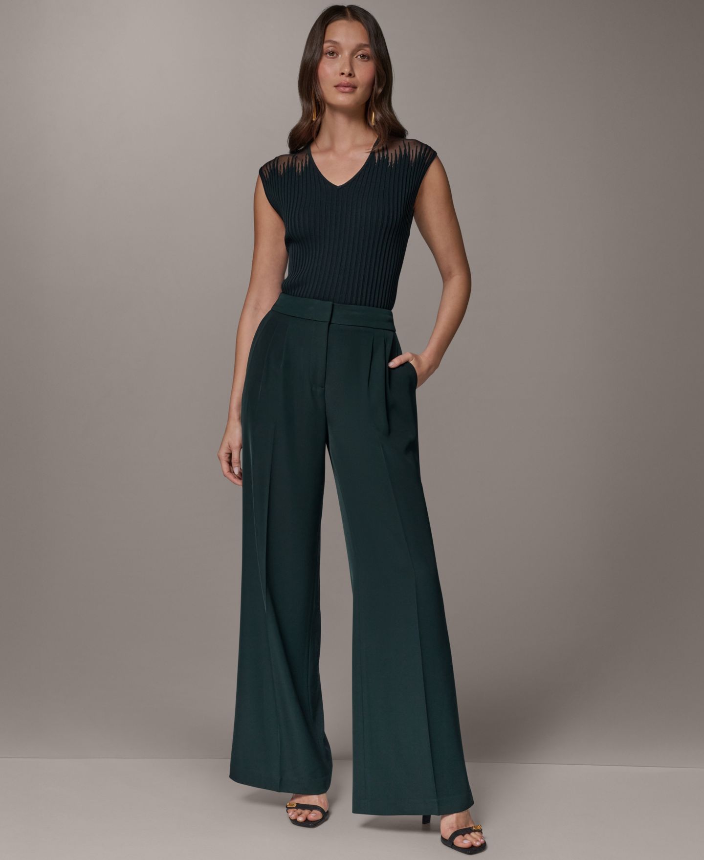 Женские широкие брюки Donna Karan New York со средней посадкой, цвет: Чёрный тёмно-зелёный — фото 2