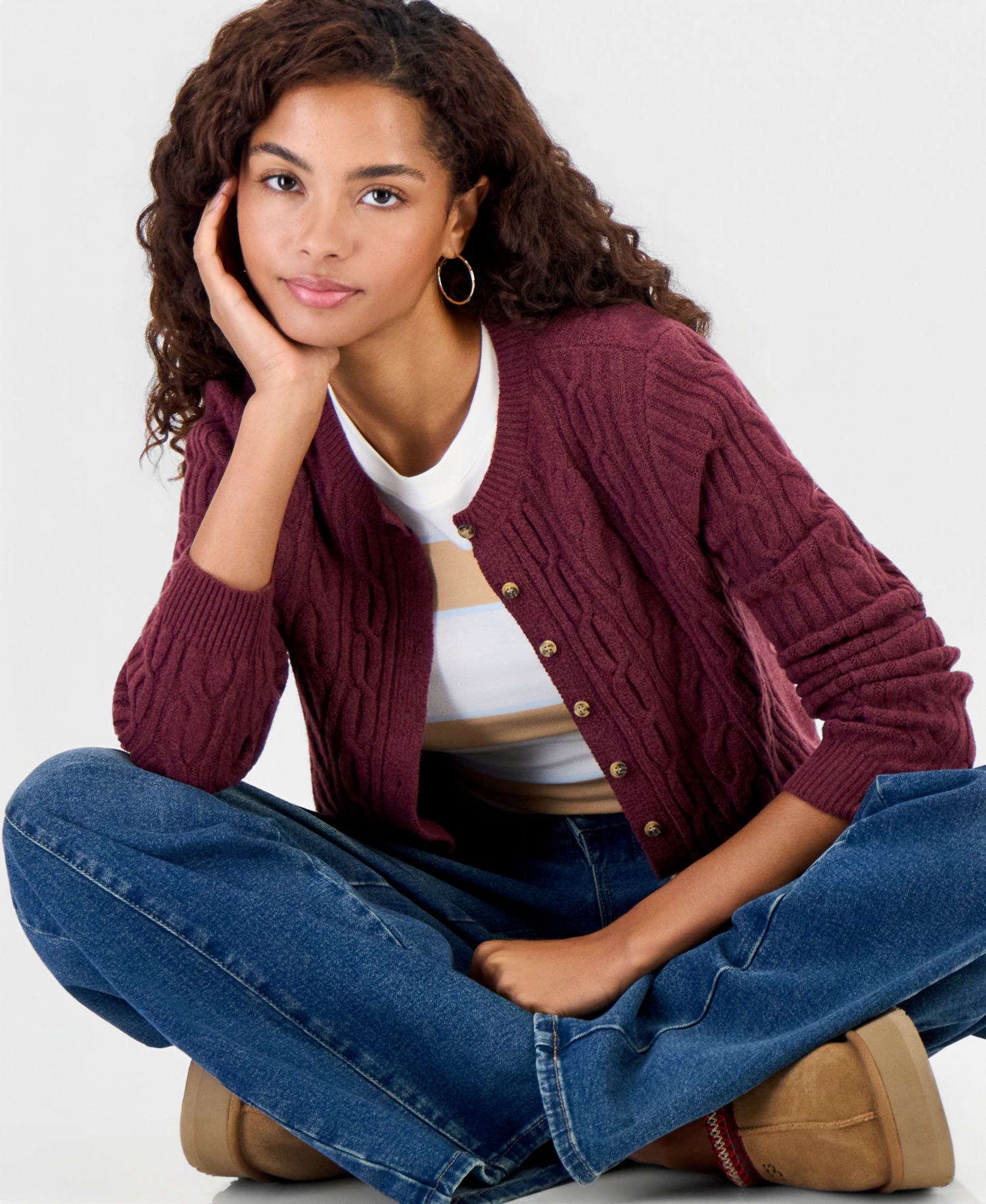 Juniors' Cable-Knit Crew-Neck Cardigan