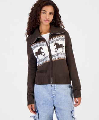 Juniors' Double-Zip Collared Horse Motif Sweater