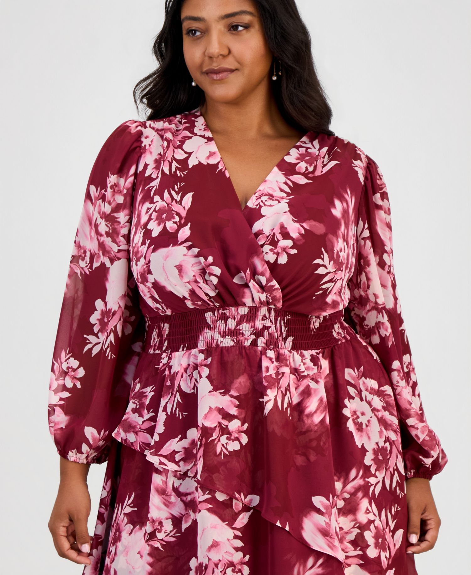 Plus Size Long-Sleeve V-Neck Tiered Midi Dress
