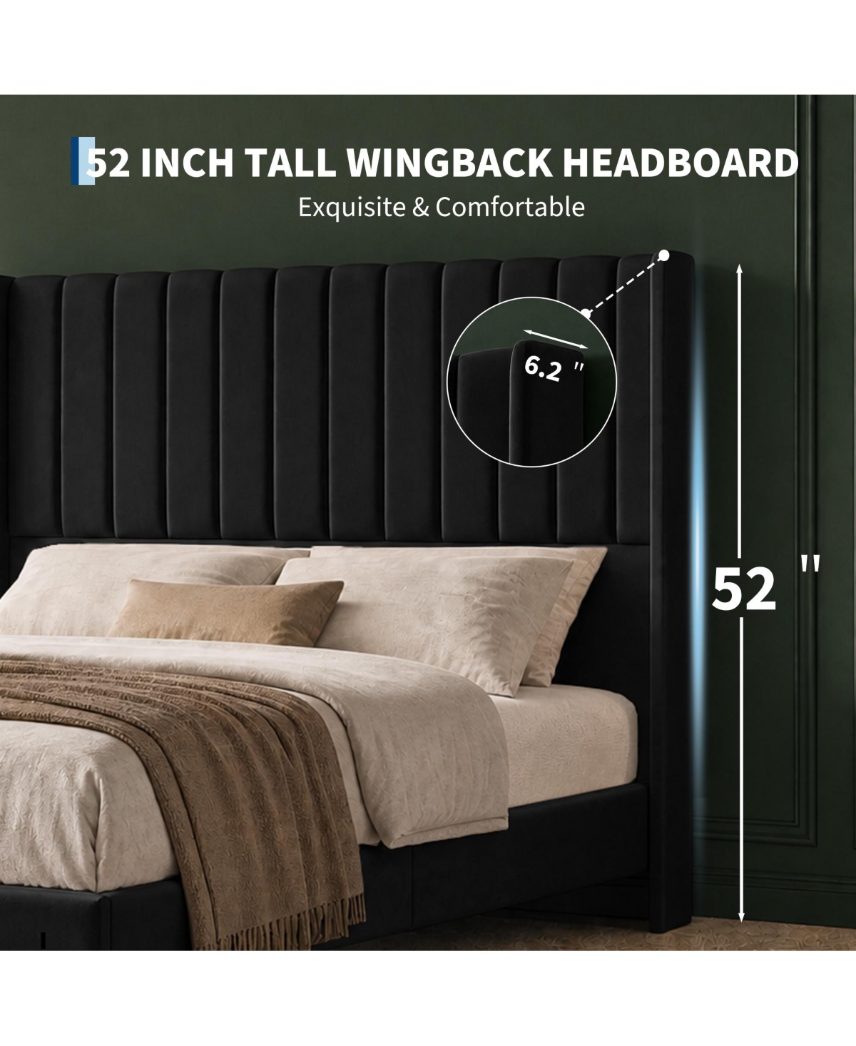 Upholstered Platform Bed Frame with 52 Inch High Vertical Channel Tufted Wingback Headboard, Wooden Slat Support