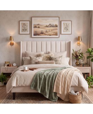Upholstered Platform Bed Frame with 52 Inch High Vertical Channel Tufted Wingback Headboard, Wooden Slat Support, No Box Spring Needed