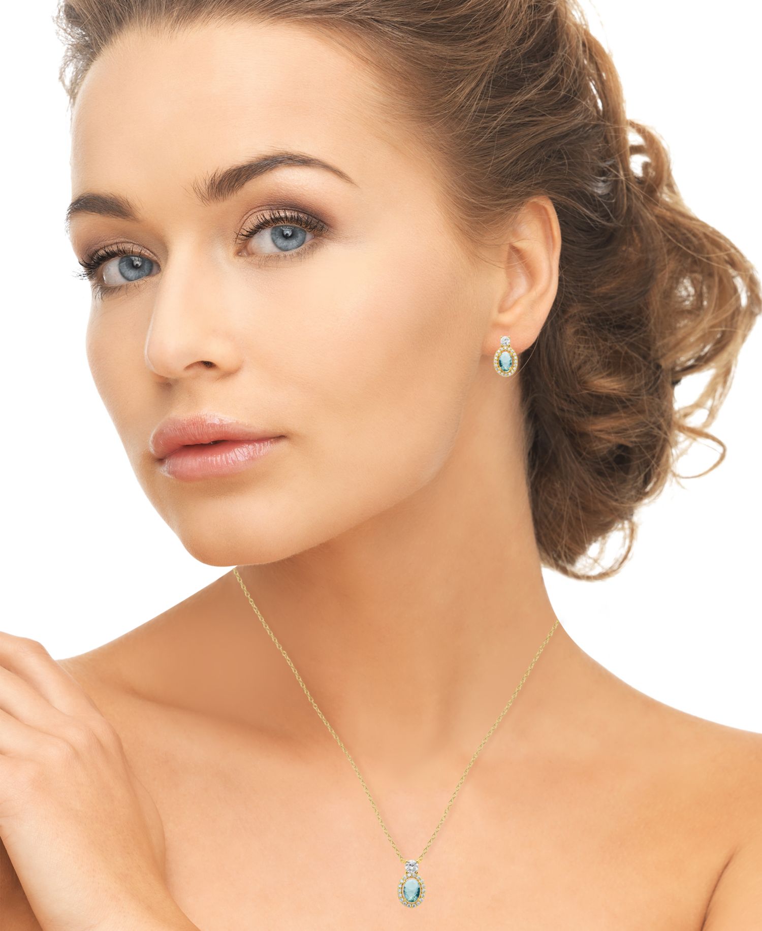 Oval Simulated Gemstone Halo Pendant Necklace with Matching Earrings 2-Piece Set