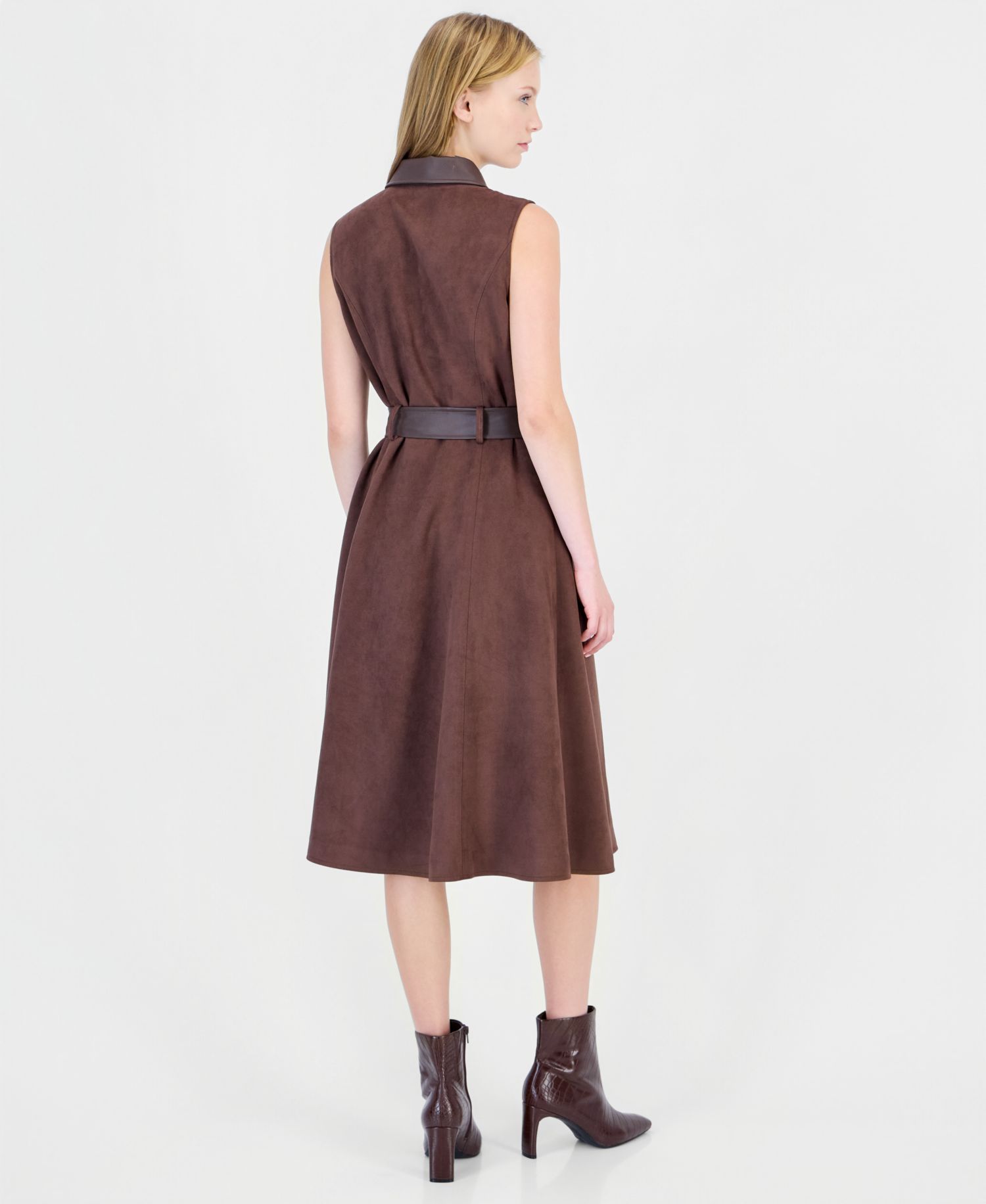 Women's Fit-and-Flare Collared Sleeveless Faux Suede Midi Dress