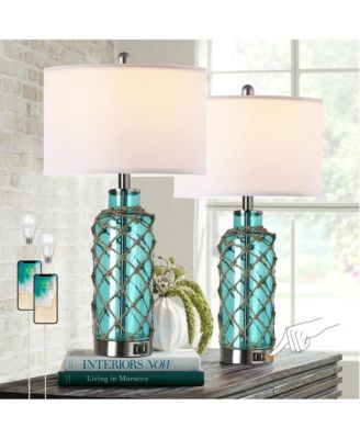 25" Cottage Nautical Accent Table Lamp Set of 2, Touch Control Coastal Blue Green Glass Rope Net Bedside Lamp with 2 USB Ports