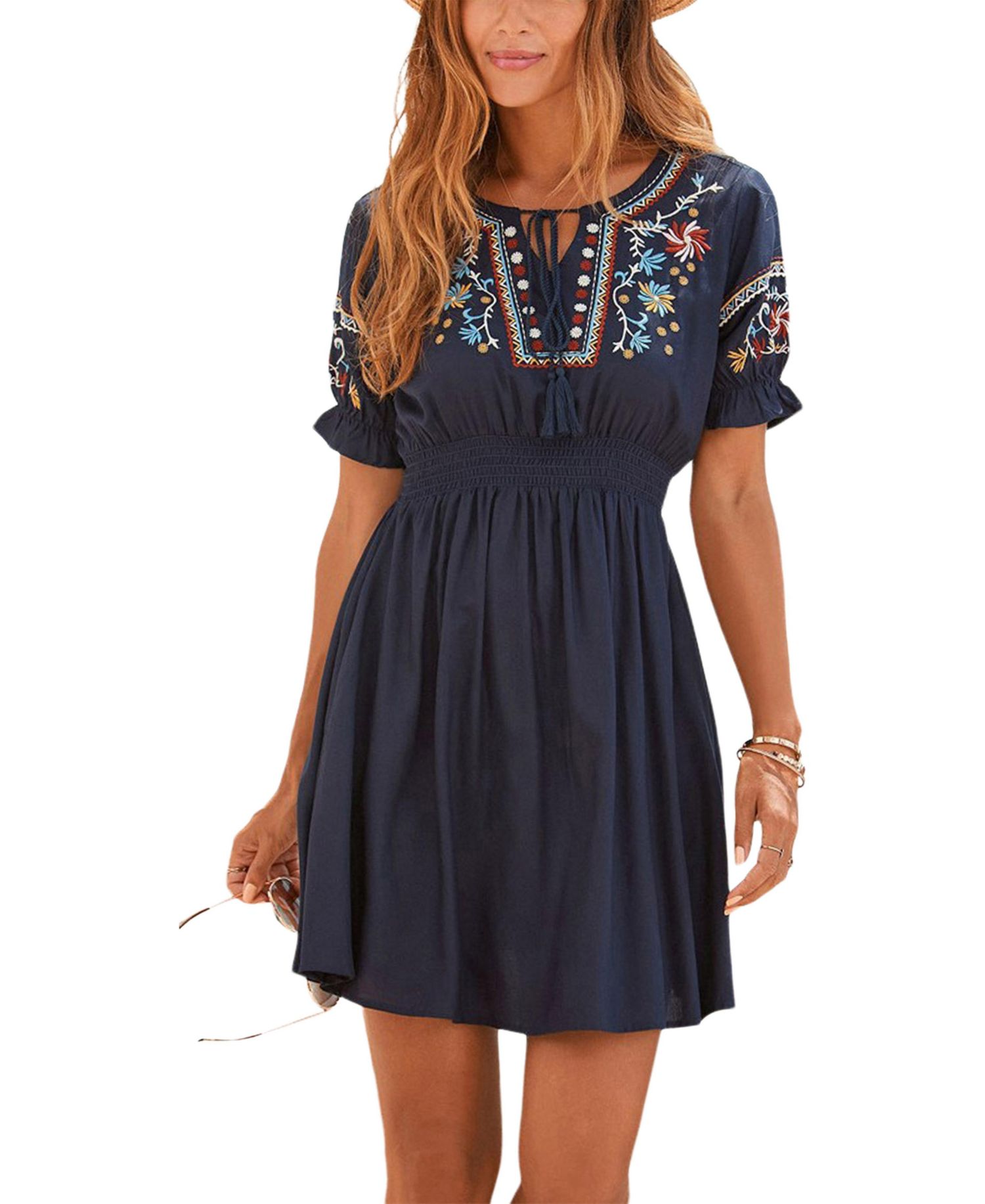 Women's Viscose Embroidered Short A-Line Elastic-Waist Short Dress