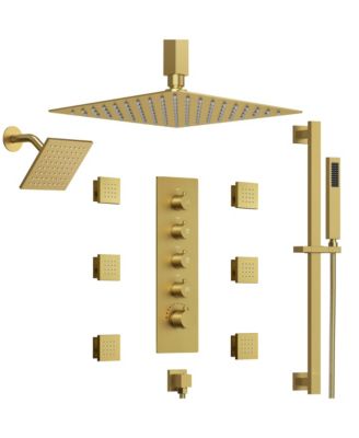 Ceiling Mount 16" High-Pressure Rainfall Shower Faucet Dual Rainfall Shower Head System with Thermostatic Valve