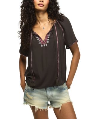 Women's Embroidered Peasant Short-Sleeve Top
