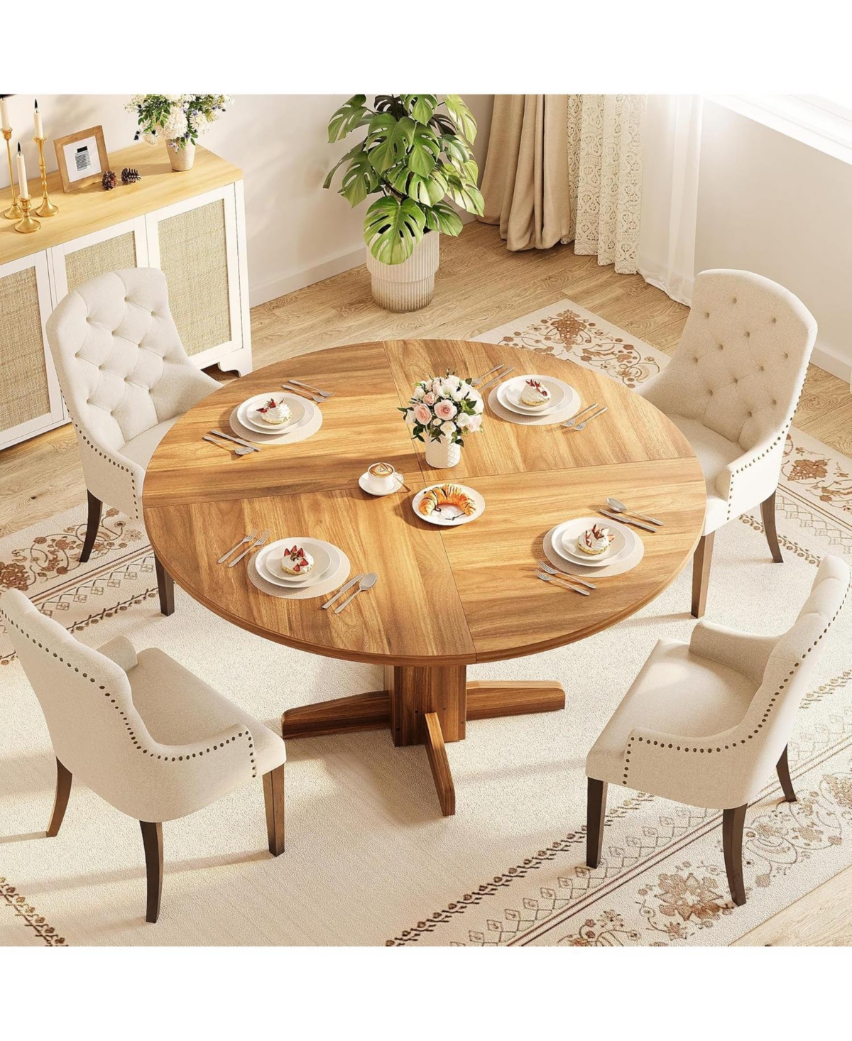 gaomon 47" Round Dining Table for 4-6, Farmhouse Walnut Wood with Sturdy Pedestal Base for Kitchen or Dining Room
