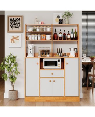 Freestanding Kitchen Pantry with Drawers, Wood Sideboard Buffet with Doors, Adjustable Shelves and Storage Rack, Coffee Bar Station for Kitchen