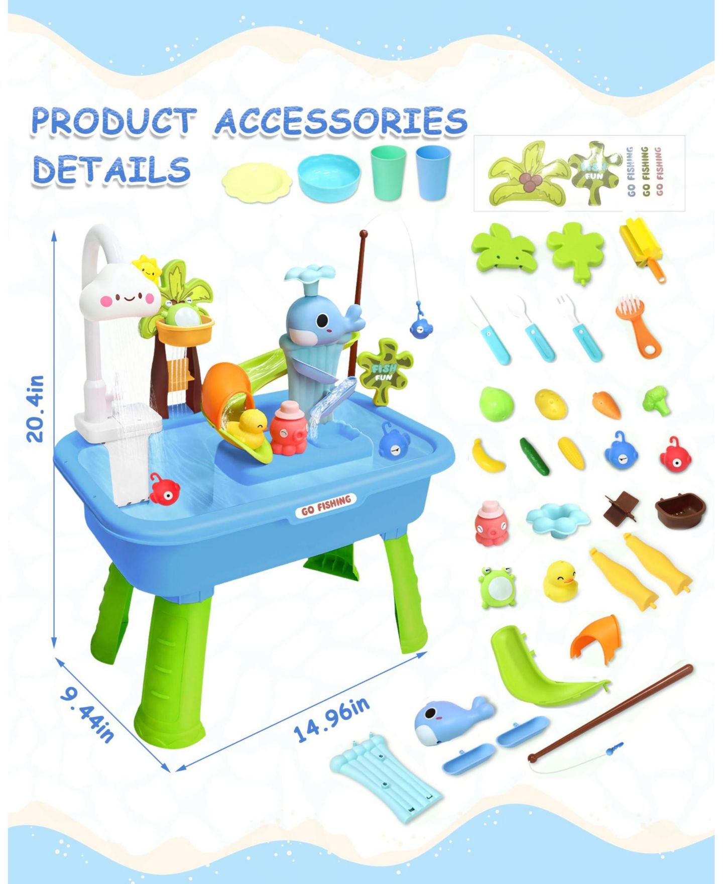 Детская игрушка GNUADZ 4-in-1 Electric Water Table Play Sink Running Faucet Sensory Fishing Game, цвет: Синий — фото 3
