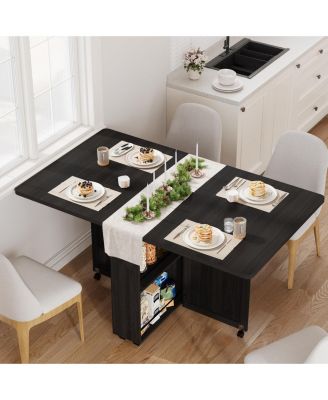 Folding Dining Table with Storage, Folding Kitchen Table with 6 Wheels, Drawer and Shelves, Compact Dining Table for Small Spaces