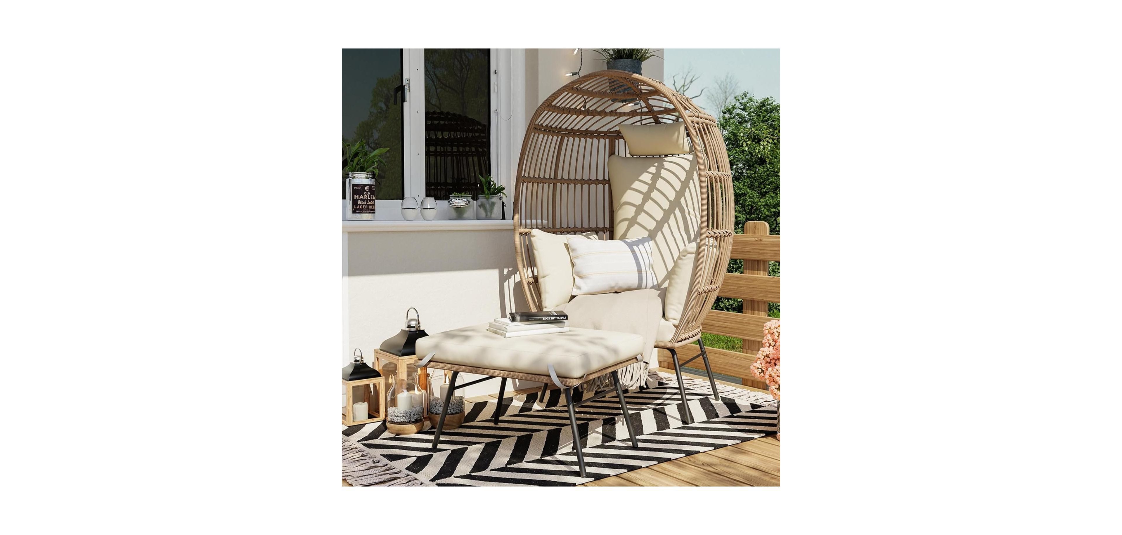 gaomon Oversize Wicker Egg Chair with Ottoman, Shaped Chaise Lounge Thick Cushion for Indoor Outdoor Patio Porch Backyard