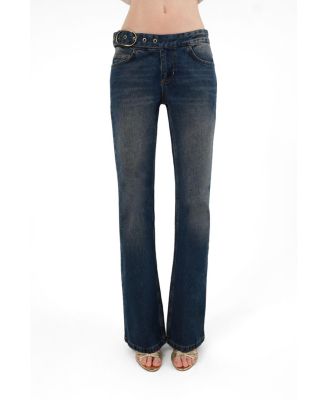 Women's Belted Denim Flare Trousers