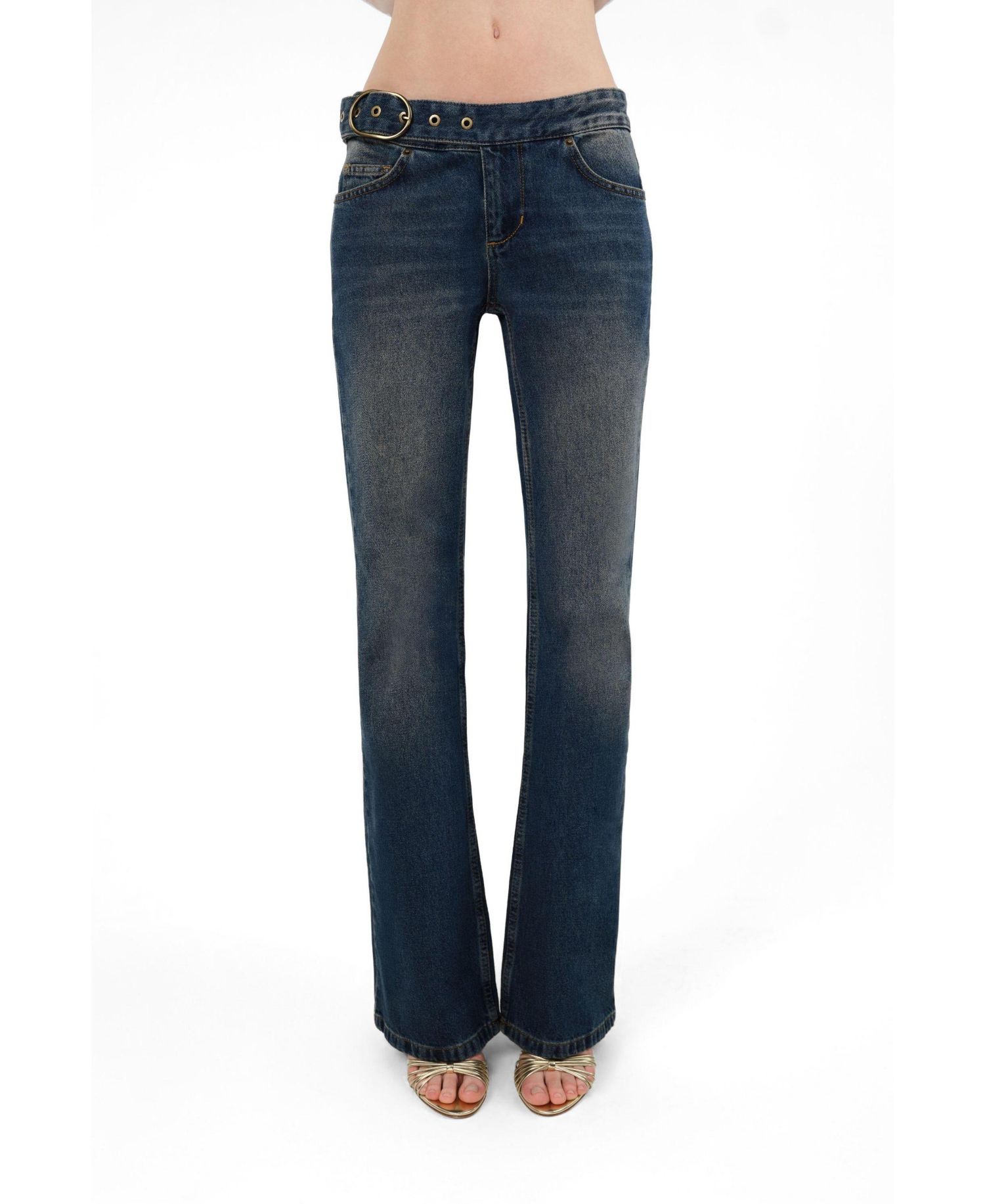 Women's Belted Denim Flare Trousers