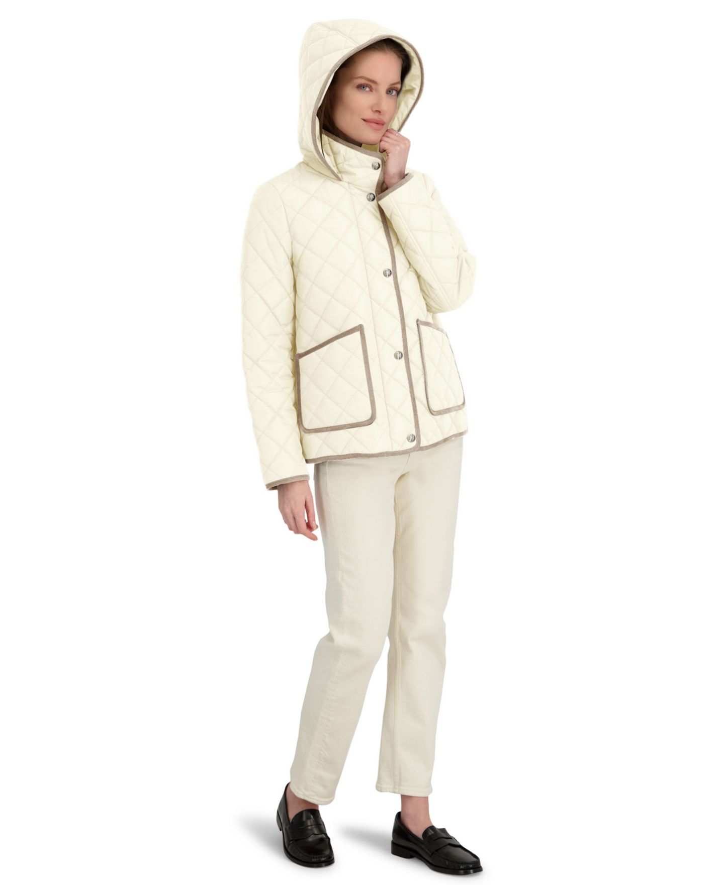 Женское пальто Tahari Hooded Cordouroy Trim Quilted, цвет: Яичная скорлупа — фото 4