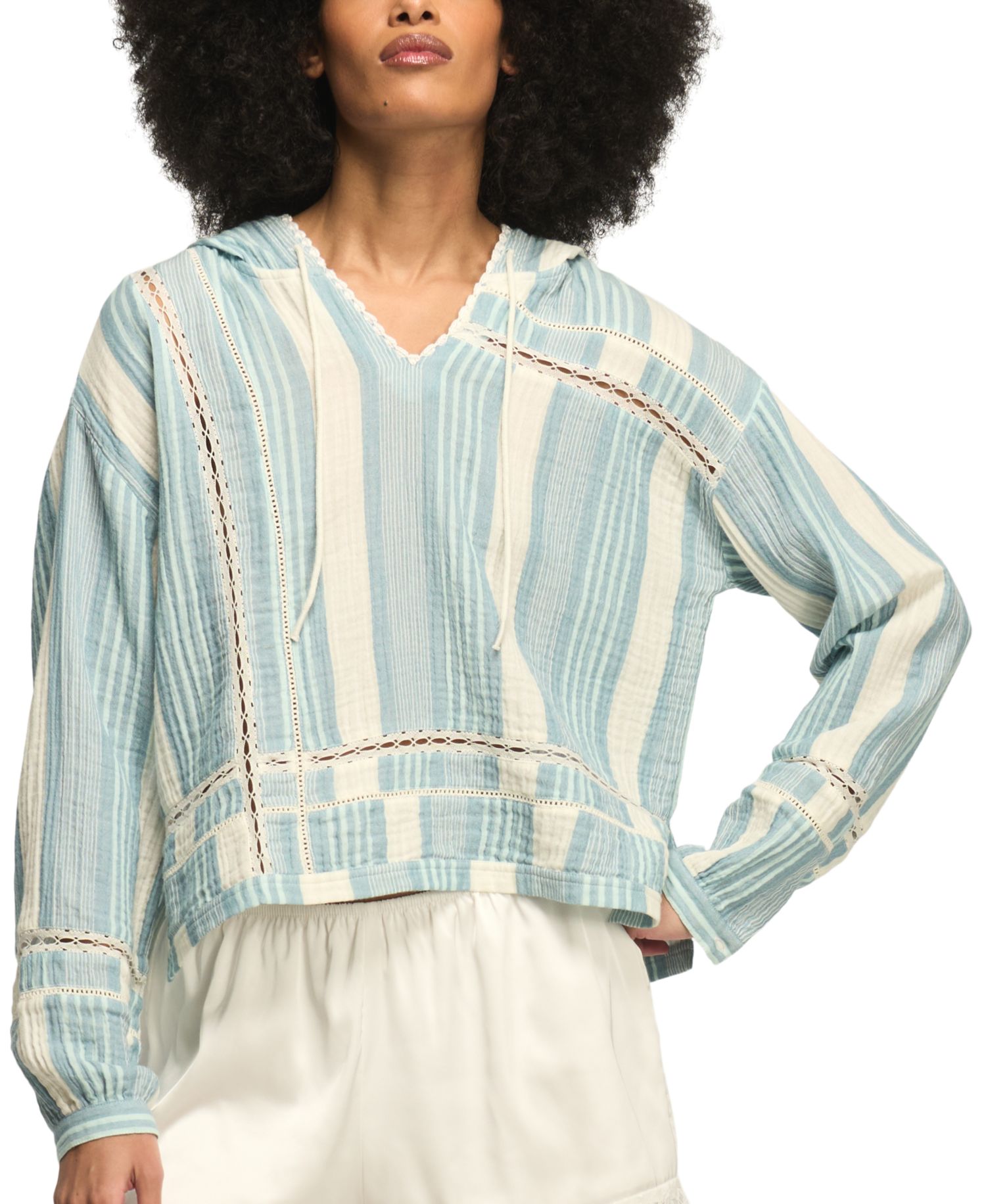 Women's Striped Lace Detail V-Neck Hoodie