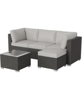 5-Piece Outdoor Patio Rattan Wicker Sofa Set, Pe Rattan Conversation Sectional with Thickened Back Cushion, Glass Tabletop