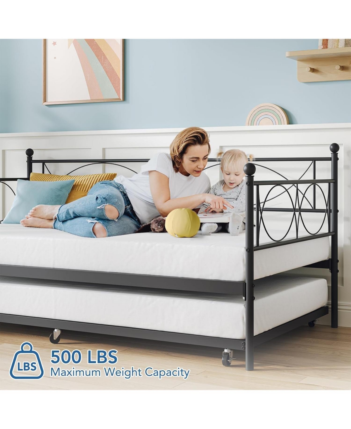 gaomon Senfot Twin Daybed with Trundle, Pull Out Trundle Day Bed, Twin Mattress Foundation with Metal Slats, Modern Sofa Bed for Living Room, Bedroom