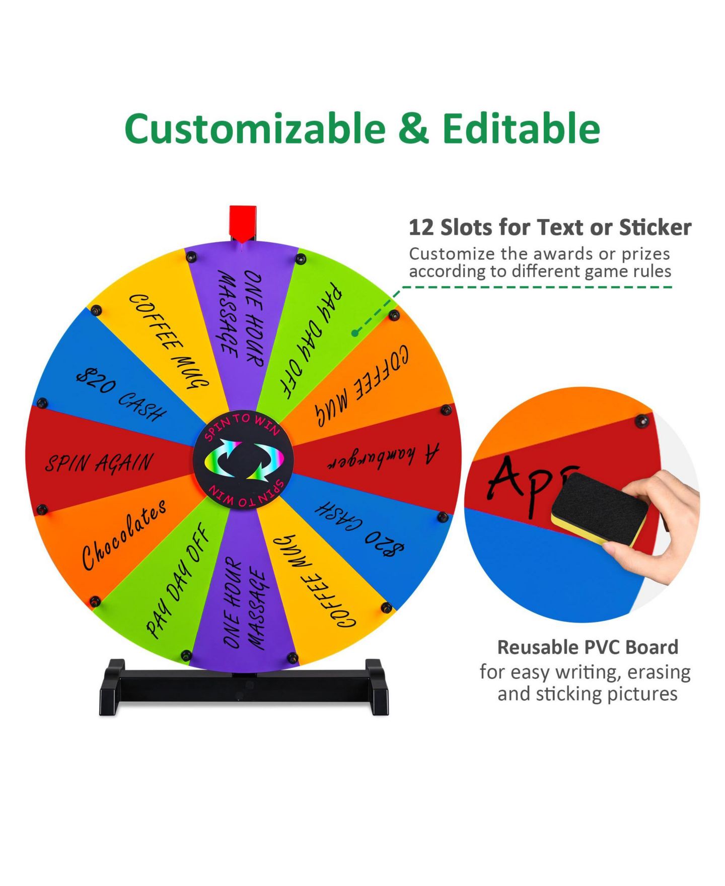 Детская игрушка WinSpin 24" Display Prize Wheel Green and White DIY Tabletop 12 Slots Modular Custom Spinning Wheel for Pop Up Trade Show, цвет: Natrual — фото 8