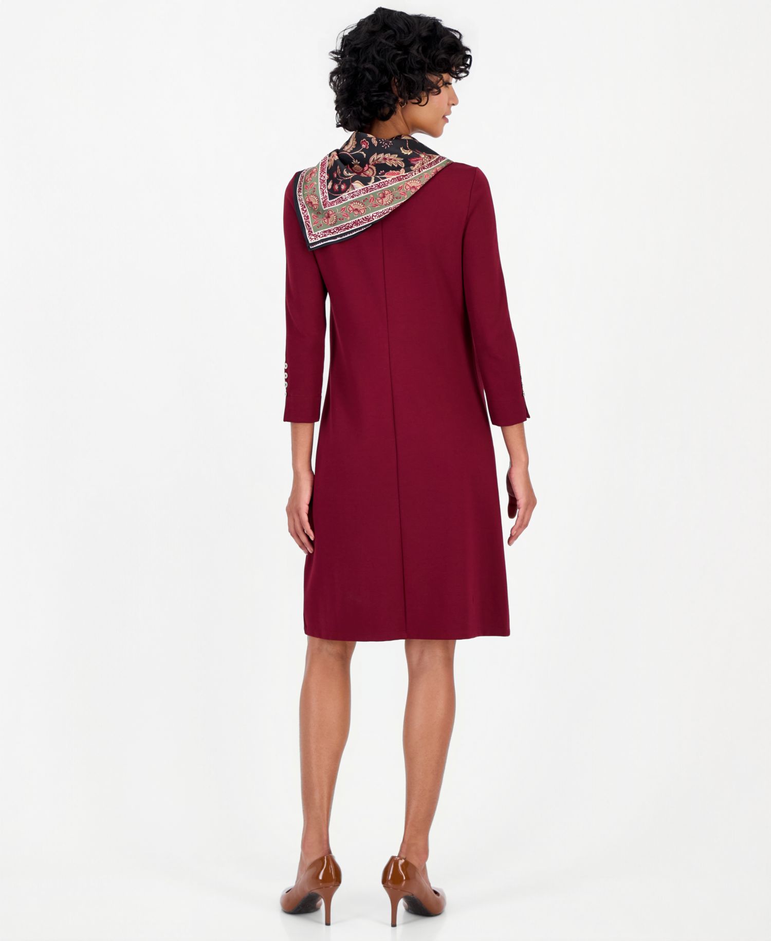 Women's 3/4-Sleeve Midi Dress with Combo Scarf
